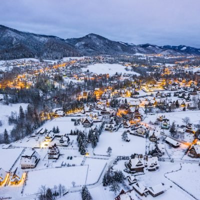 WInter View at Zakopane Skyline and Giewont Mount from Drone.